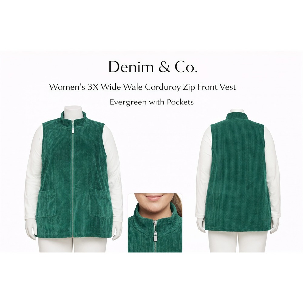 Denim & Co‎ Womens 3X Wide Wale Corduroy Zip Front Vest Evergreen A237357 NWT